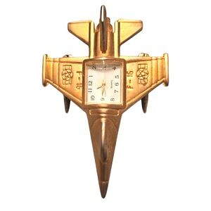 USAF Fighter Jet Desk Clock 3x3.75in Gold Silver Spinning Military Collectible‎